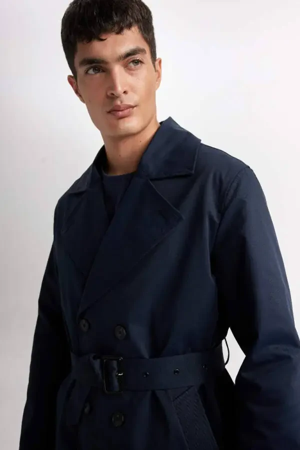 Slim Fit Приталенный Тренчкот на Пуговицах с Поясом - Темно-синий - 8