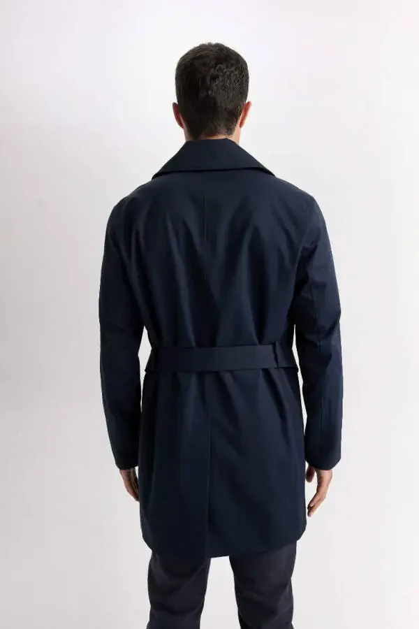 Slim Fit Приталенный Тренчкот на Пуговицах с Поясом - Темно-синий - 10