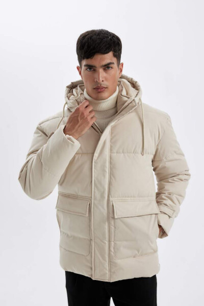 Slim Fit Puffer Jacket, Hooded, Zipper, Double Pocket, Off-White - 1