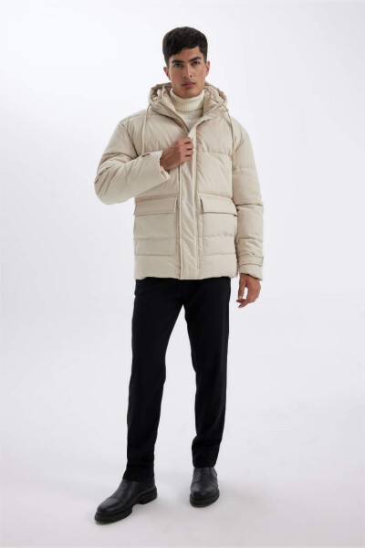 Slim Fit Puffer Jacket, Hooded, Zipper, Double Pocket, Off-White - 2