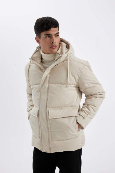 Slim Fit Puffer Jacket, Hooded, Zipper, Double Pocket, Off-White - 3