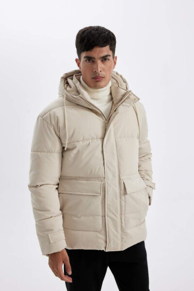 Slim Fit Puffer Jacket, Hooded, Zipper, Double Pocket, Off-White - 4