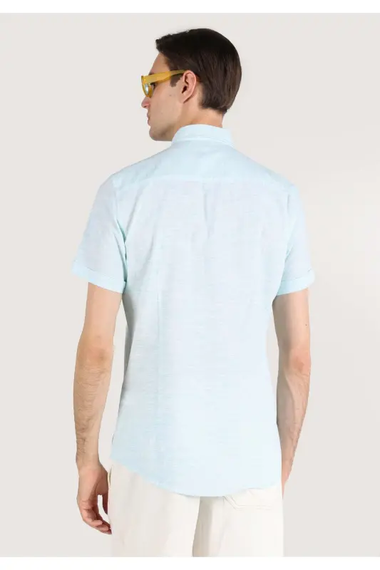 Slim Fit, qisqa yengli, yashil rangli, oddiy erkaklar ko'ylagi. - 2