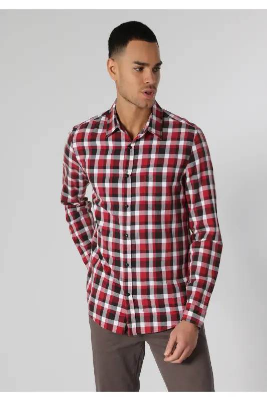 Slim Fit qizil rangli to'qima erkaklar uchun uzun yengli ko'ylak - 3
