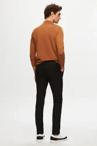 Slim Fit qora rangli elastik kamarli bog'lamali fermuarli likrali qulay jogger shim - 3