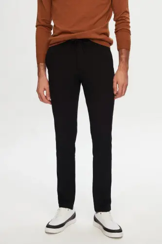 Slim Fit qora rangli elastik kamarli bog'lamali fermuarli likrali qulay jogger shim 