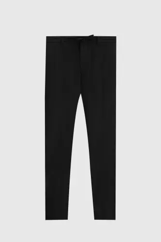 Slim Fit qora rangli elastik kamarli bog'lamali fermuarli likrali qulay jogger shim - 5