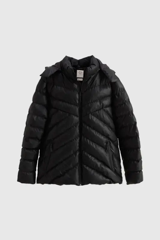 Slim Fit Qora Suvdan Himoya Qiluvchi Shamol O'tkazmaydigan Elyafli To'ldirilgan Teri Ko'rinishidagi Chiqariladigan Kapotli Ko'ylagi - 5