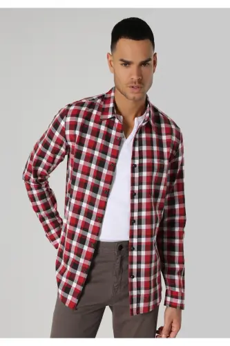 Slim Fit Red Plaid Men's Long Sleeve Shirt - 1