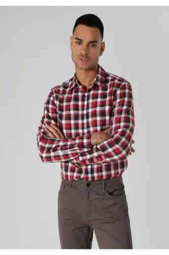 Slim Fit Red Plaid Men's Long Sleeve Shirt - 4