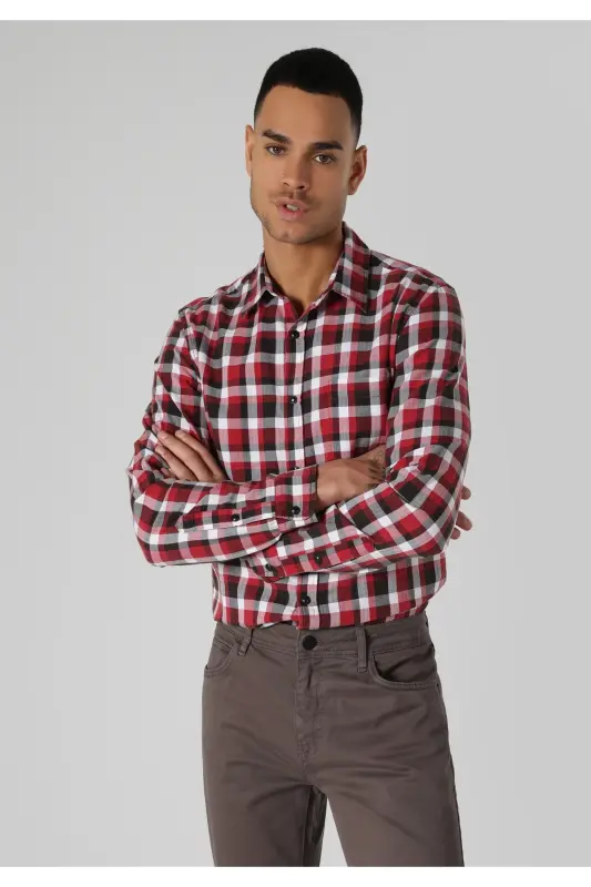 Slim Fit Red Plaid Men's Long Sleeve Shirt - 4