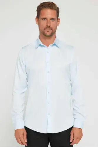 Slim Fit Рубашка мужская длинная с рукавом, легко гладится, впитывает пот, дышащая ткань, подходит для галстука, четыре сезона, синяя - Mavi1 - TUDORS (1)