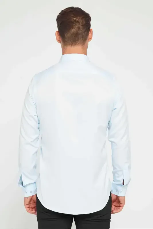 Slim Fit Рубашка мужская длинная с рукавом, легко гладится, впитывает пот, дышащая ткань, подходит для галстука, четыре сезона, синяя - Mavi1 - 5