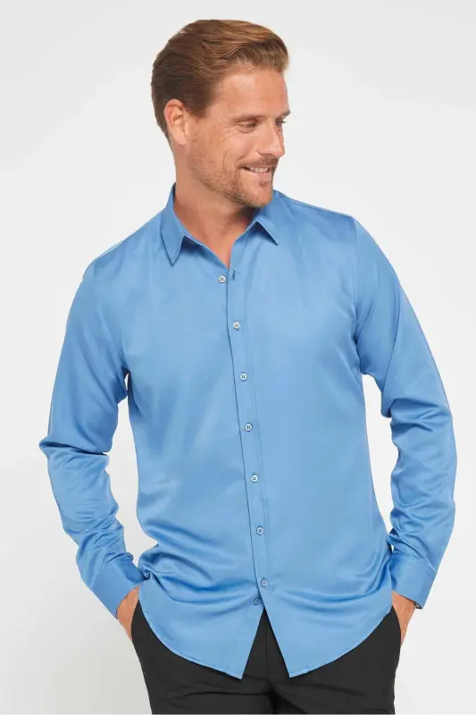 Slim Fit Рубашка с длинным рукавом, не требующая глажки, дышащая, впитывающая пот, текстурная, на все четыре сезона, индиго, мужская рубашка - индиго - 1