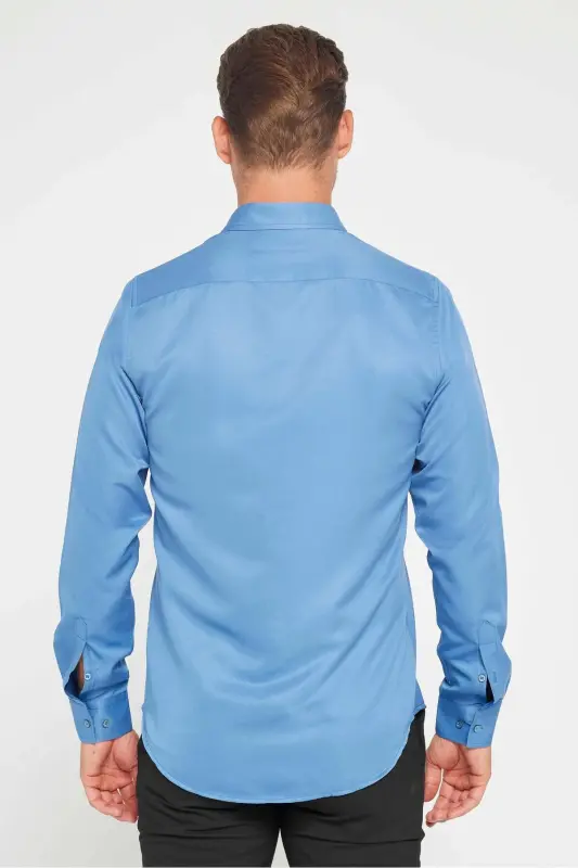 Slim Fit Рубашка с длинным рукавом, не требующая глажки, дышащая, впитывающая пот, текстурная, на все четыре сезона, индиго, мужская рубашка - индиго - 5