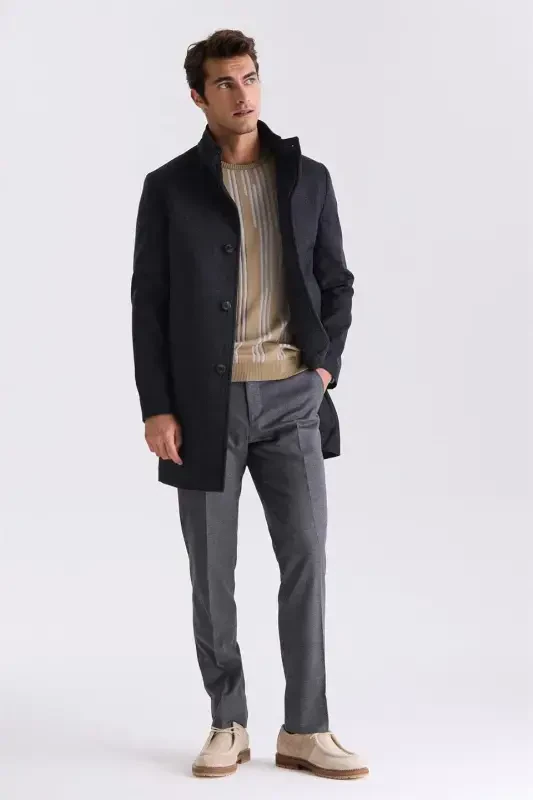 Slim Fit Shawl Neck Herringbone Pattern Wool Blazer - 1