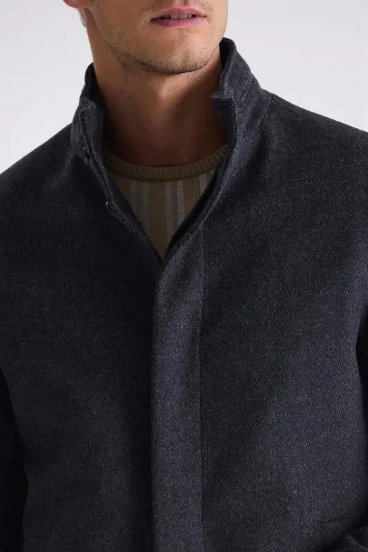 Slim Fit Shawl Neck Herringbone Pattern Wool Blazer - 2