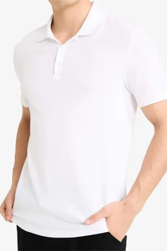 Slim Fit Short Sleeve Cotton Basic Plain Polo T-Shirt White - 4