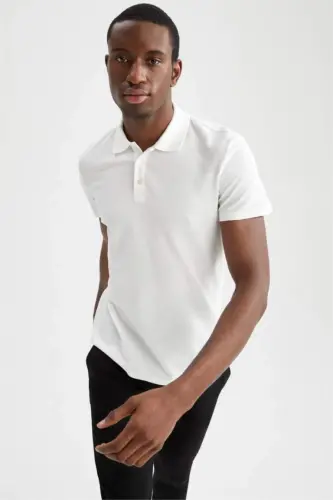 Slim Fit Short Sleeve Cotton Basic Plain Polo T-Shirt White - 1