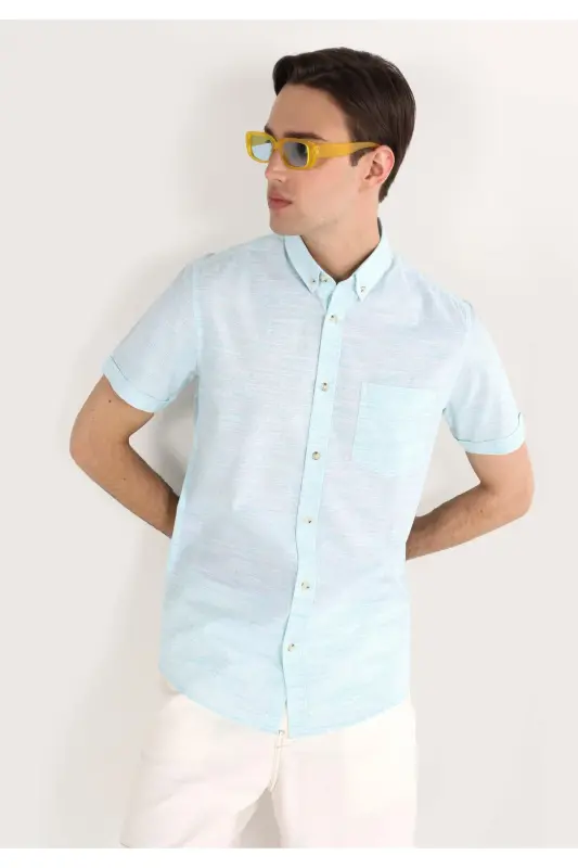 Slim Fit, short sleeve, green, basic men's shirt. - COLIN'S