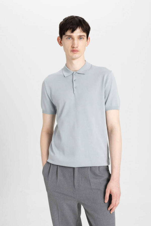 Slim Fit Short Sleeve Knit Polo Shirt Grey - 1