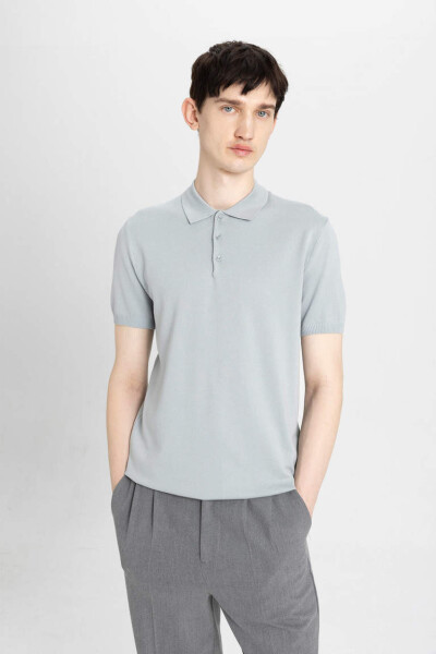 Slim Fit Short Sleeve Knit Polo Shirt Grey - 3