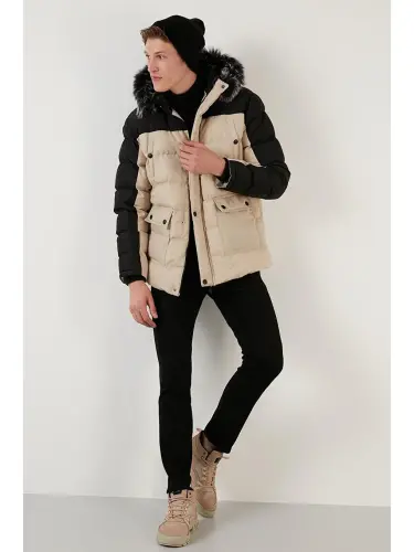 Slim Fit Съемный Искусственный Меховой Капюшон Мужская Дутая Куртка 5760076-Черный - 1