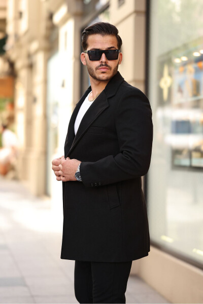 Slim fit, single breasted, button-up, notched lapel black cashmere coat. - 1