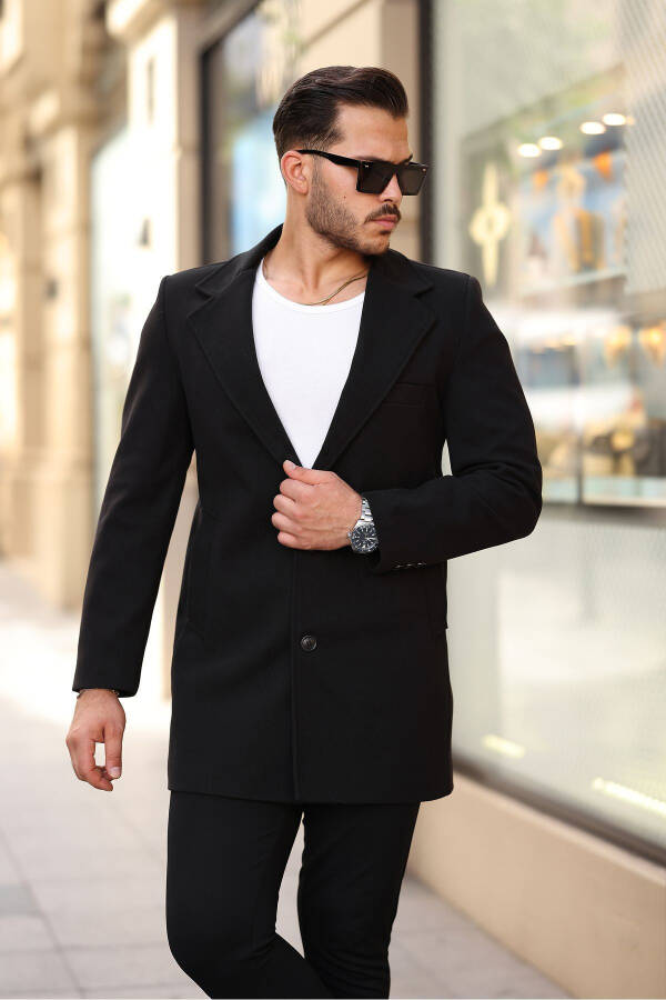 Slim fit, single breasted, button-up, notched lapel black cashmere coat. - 2