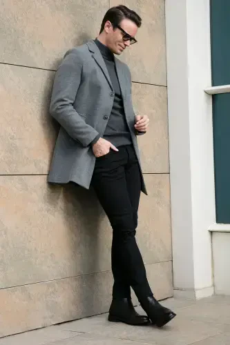 Slim Fit Single Breasted Buttoned Mono Collar Wool Coat Men's Coat 5840098-LIGHT GRAY - 3