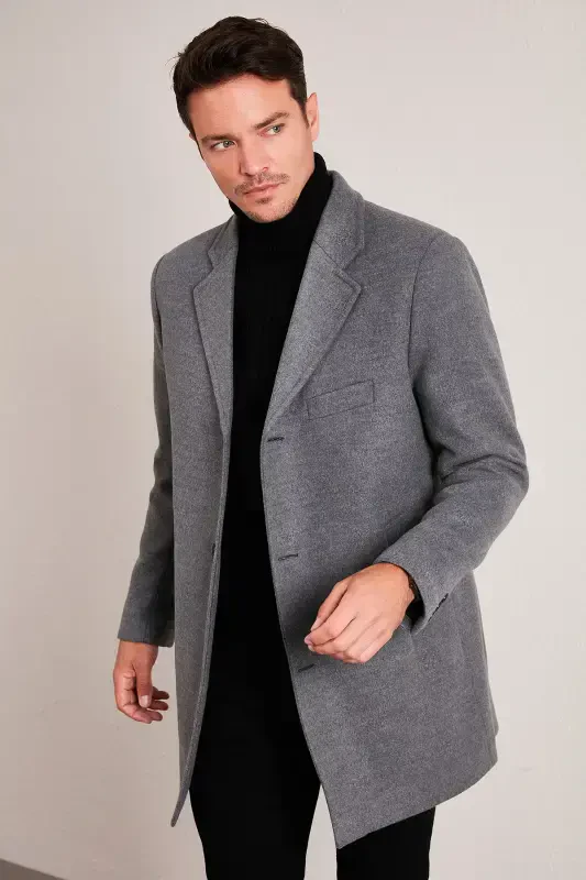Slim Fit Single Breasted Buttoned Mono Collar Wool Coat Men's Coat 5840098-LIGHT GRAY - 4