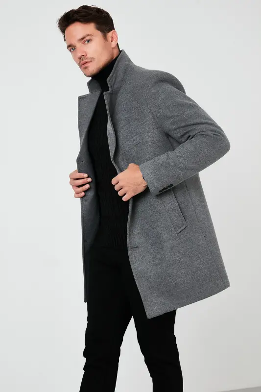Slim Fit Single Breasted Buttoned Mono Collar Wool Coat Men's Coat 5840098-LIGHT GRAY - 5