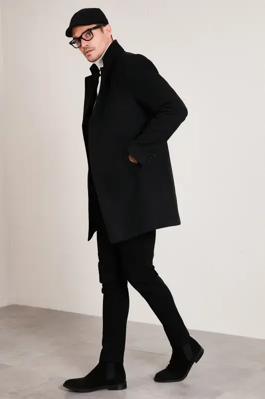 Slim Fit Single Breasted Buttoned Notch Lapel Wool Coat Men's Coat 5840098-BLACK - 1