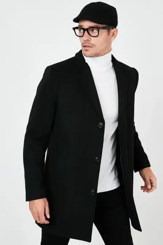 Slim Fit Single Breasted Buttoned Notch Lapel Wool Coat Men's Coat 5840098-BLACK - 2
