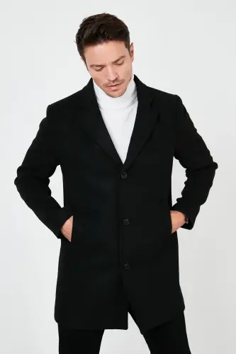 Slim Fit Single Breasted Buttoned Notch Lapel Wool Coat Men's Coat 5840098-BLACK - 3