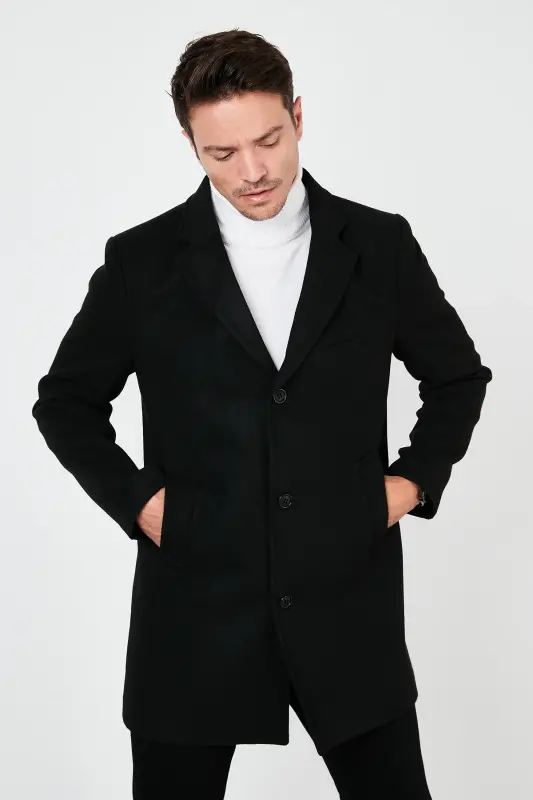 Slim Fit Single Breasted Buttoned Notch Lapel Wool Coat Men's Coat 5840098-BLACK - 3
