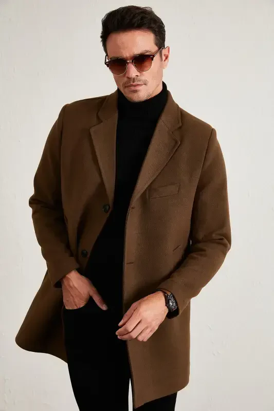 Slim fit, single breasted, buttoned, shawl collar, cashmere coat. Men's coat. 5840098 - 1
