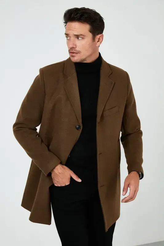Slim fit, single breasted, buttoned, shawl collar, cashmere coat. Men's coat. 5840098 - 2