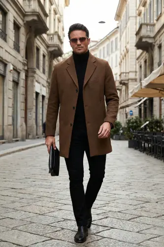Slim fit, single breasted, buttoned, shawl collar, cashmere coat. Men's coat. 5840098 
