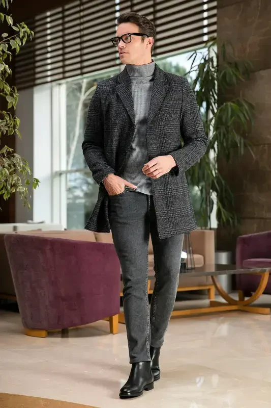 Slim Fit Single Breasted Notch Lapel Wool Coat - 1