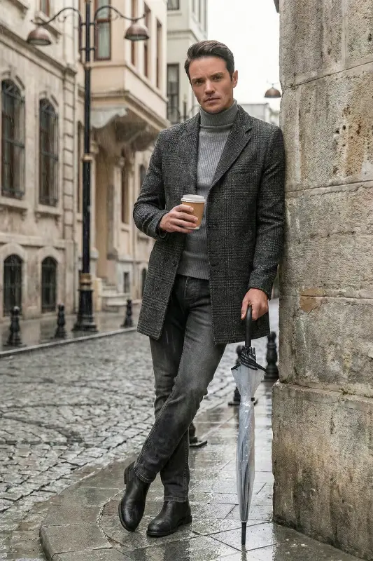 Slim Fit Single Breasted Notch Lapel Wool Coat - BURATTI