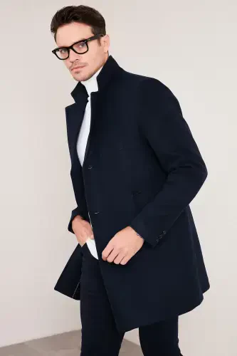 Slim Fit Single Slit Buttoned Mono Collar Wool Coat Men's Coat 5840098-NAVY BLUE - 1