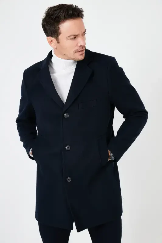 Slim Fit Single Slit Buttoned Mono Collar Wool Coat Men's Coat 5840098-NAVY BLUE - 2