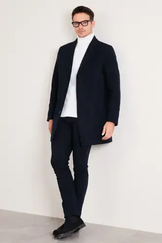 Slim Fit Single Slit Buttoned Mono Collar Wool Coat Men's Coat 5840098-NAVY BLUE - 4