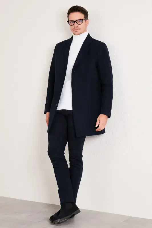 Slim Fit Single Slit Buttoned Mono Collar Wool Coat Men's Coat 5840098-NAVY BLUE - 4