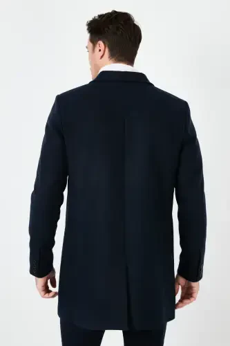 Slim Fit Single Slit Buttoned Mono Collar Wool Coat Men's Coat 5840098-NAVY BLUE - 5