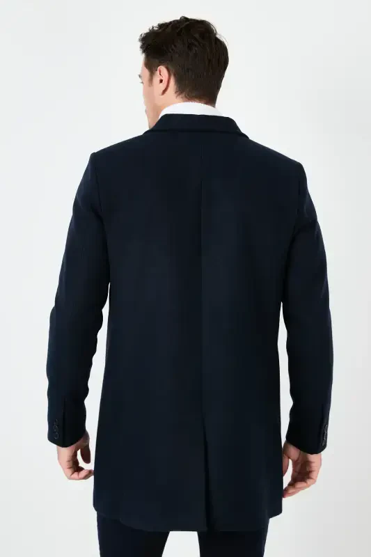 Slim Fit Single Slit Buttoned Mono Collar Wool Coat Men's Coat 5840098-NAVY BLUE - 5