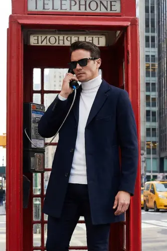Slim Fit Single Slit Buttoned Mono Collar Wool Coat Men's Coat 5840098-NAVY BLUE 