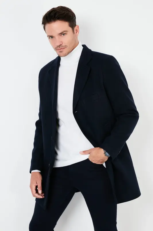 Slim Fit Single Slit Buttoned Mono Collar Wool Coat Men's Coat 5840098-NAVY BLUE - 3