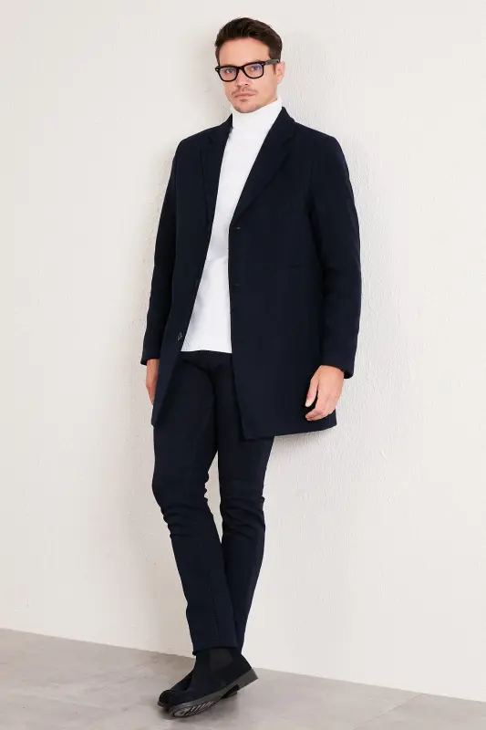Slim Fit Single Slit Buttoned Mono Collar Wool Coat Men's Coat 5840098-NAVY BLUE - 4